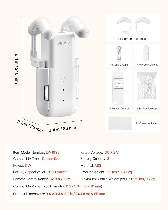 VEVOR Automatic Curtain Opener, APP and Remote Control, Hub Included, Electric Smart Curtain Opener Compatible with Alexa and Google Home, Timed Opening and Closing, Silent Mode, for Roman Rods