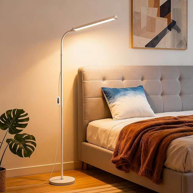 White 12W LED Bright Reading Floor Lamp for Living Room Bedroom Bedside Office Library, Eye-protection flicker-free adjustable from 3000-6000K ,Eyelash Tattoo Makeup Tall Standing Dimming Light