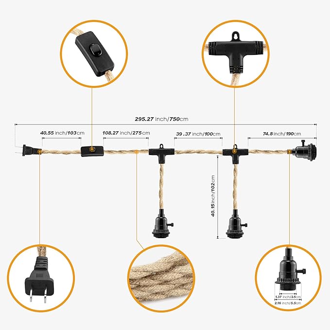 3 Light Plug in Pendant Light Cord, 25FT Hanging Lights with Plug in Cord, Hemp Rope Hanging Light Kit with 2 Way Switch, Farmhouse Pendant Light Kits DIY HangingLight