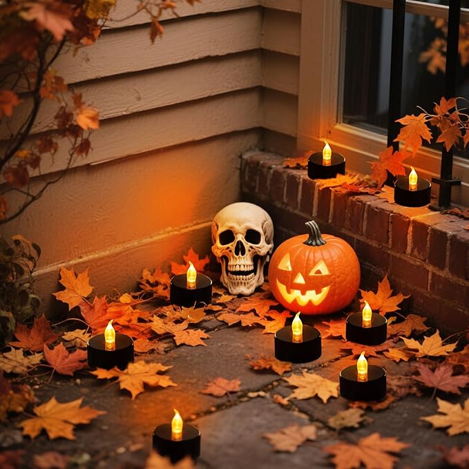 Tea Lights Battery Operated Candles LED Tea Lights Flameless Candles 200+ Hours Flickering Fake Tealights for Halloween, Christmas Aniversary Home Table Decor(Black, 50 Pack)
