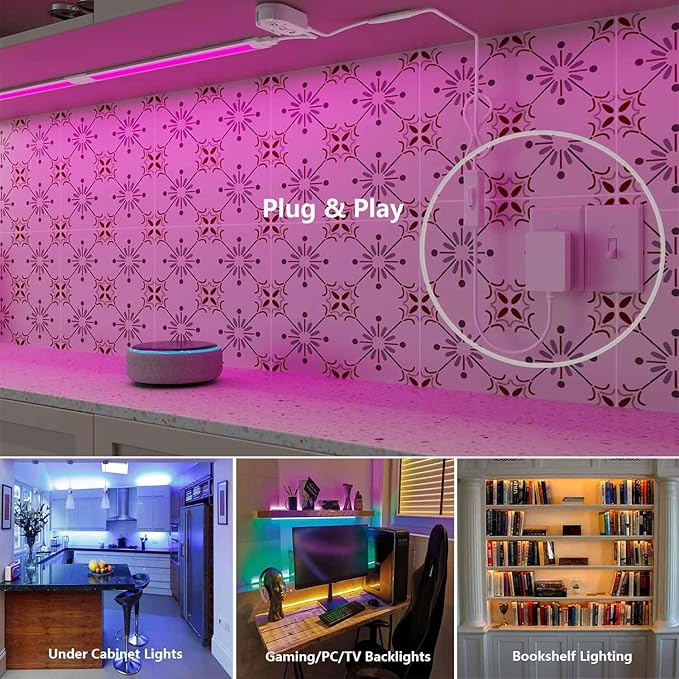 RGB Under Cabinet Lighting Strips Plug in LED Closet Light with Alexa,Google Home,Smart APP,Remote Control,12V Under Counter Light Fixtures Dimmable for Kitchen,Shelf,Linkable Light Bars,3pcs