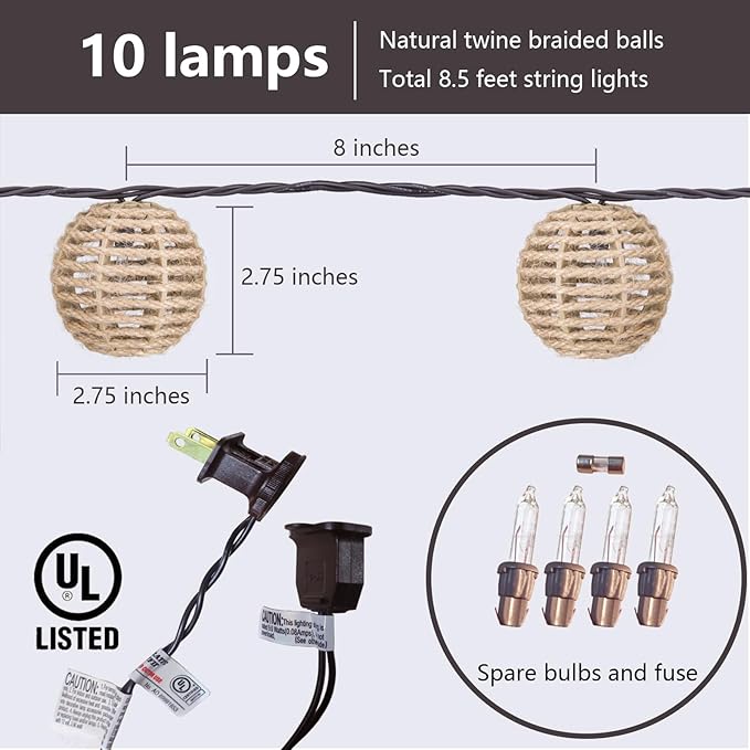 Outdoor-String-Lights-Waterproof, Boho String Lights for Patio, Garden, Porch, Balcony, Gazebo Decorative (Twine Ball)