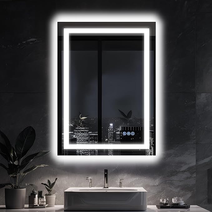 Antok 20"x 28" LED Bathroom Mirror with Lights, Anti-Fog, Dimmable, Lighted Vanity Mirror with Tempered Glass, Memory Function, 3 Light Modes, Safe Use, Horizontal, Vertical, Wall Mount