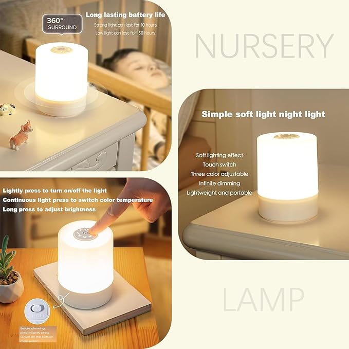 Small Touch Cordless Bedside Table Lamp Rechargeable Dimmable Nightstand Lamp for Bedroom Portable Night Light for Kids LED Lamp with Warm White Lights for Living Room Home Gifts (White)