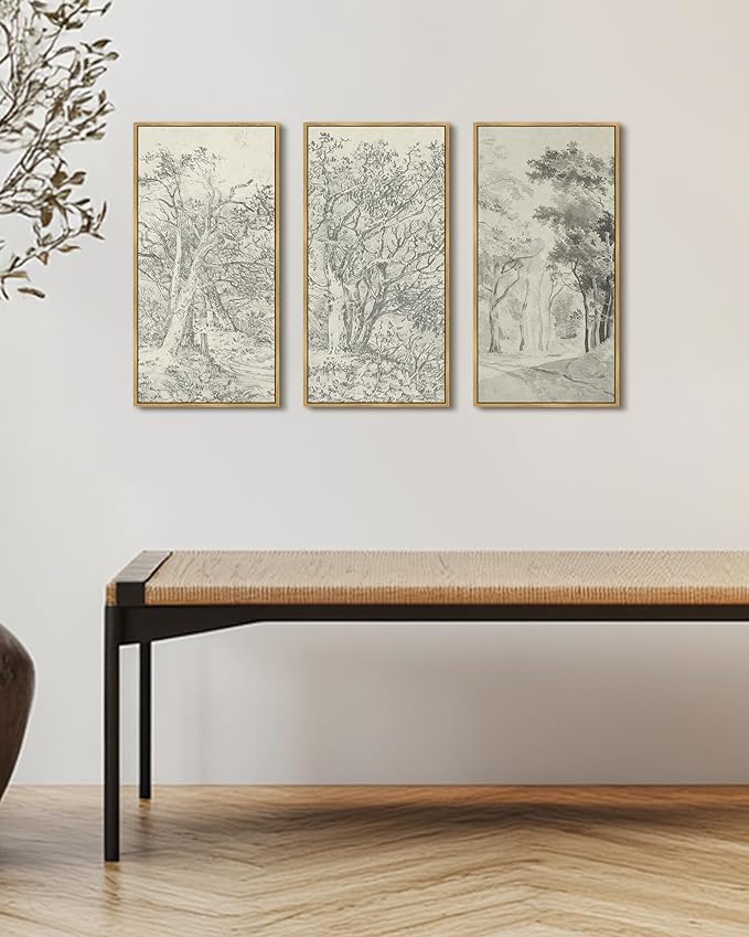 KUVIOKE Vintage Sketch Trees Drawings Farmhouse Wall Art for Living Room Bedroom Ready to Hang 8x16in3pcs Natural Framed