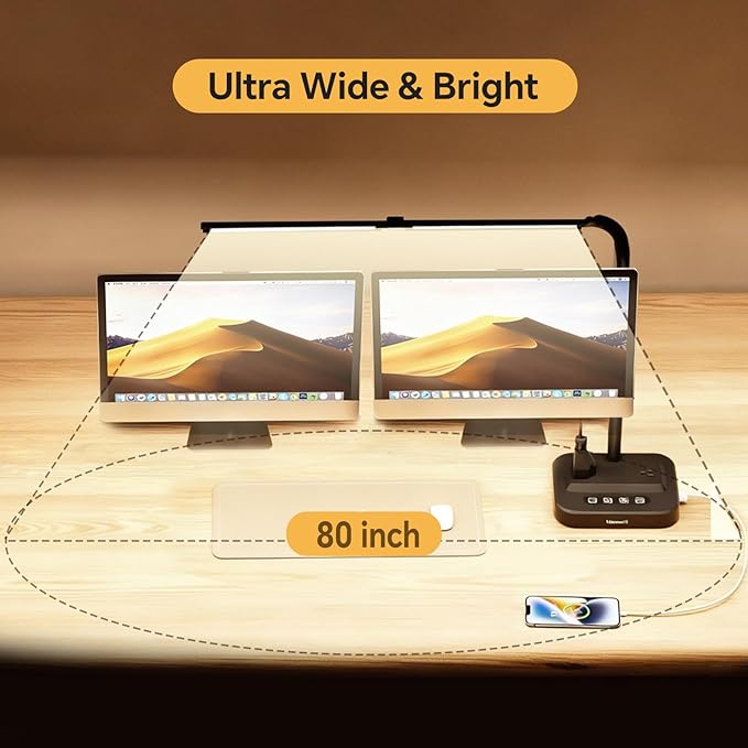 LED Desk Lamp for Home Office: Desk Light Double Head Adjustable with Power Strip 2 AC Outlets, USB-C USB-A Charging Ports Surge Protection, Foldable Table Lamp for College Dorm Room Essentials