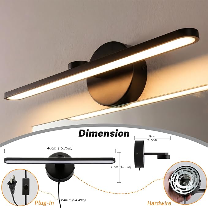 OSYNNIQ Bathroom Vanity Light, Modern Wall Picture Art Lighting Fixture Over Mirror 12W 3000K Warm LED Light Bar 15″ Black Waterproof IP44 Wall Sconce for Makeup Shaving