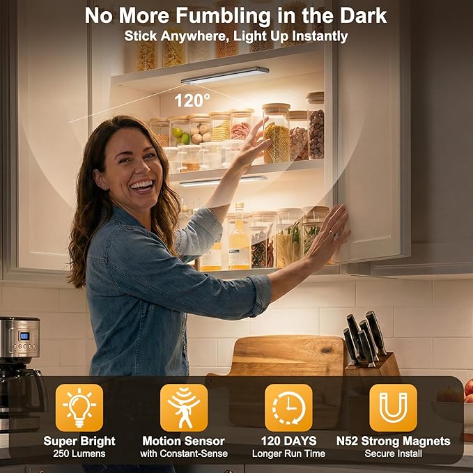 BLS 10inch Under Cabinet Lighting, 80 LED Motion Sensor Light Indoor, 1800mAh Rechargeable Wireless Closet Lights, 4 Sensor Modes, 3 Color Dimmable Magnetic Under Counter Lights for Kitchen, 2 Pack