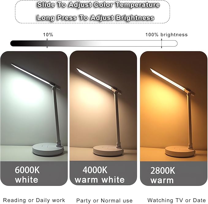 Desk Lamp,Led Cordless Rechargeable Lamp,2800K-6500K CCT Dual Swing Arm Reading Lights For Books In Bed,Protect Eyes Rg0 Study Lamp With Usb Charging Port,Bedside Lamp,Desk Lamps For Home Office