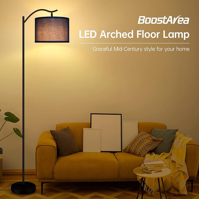 Montage Mid Century Arched Floor Lamp - Tall Modern Standing Lamp with Blue Linen Shade, E26 Socket, Footswitch for Living Room, Bedrooms, Office, Corner