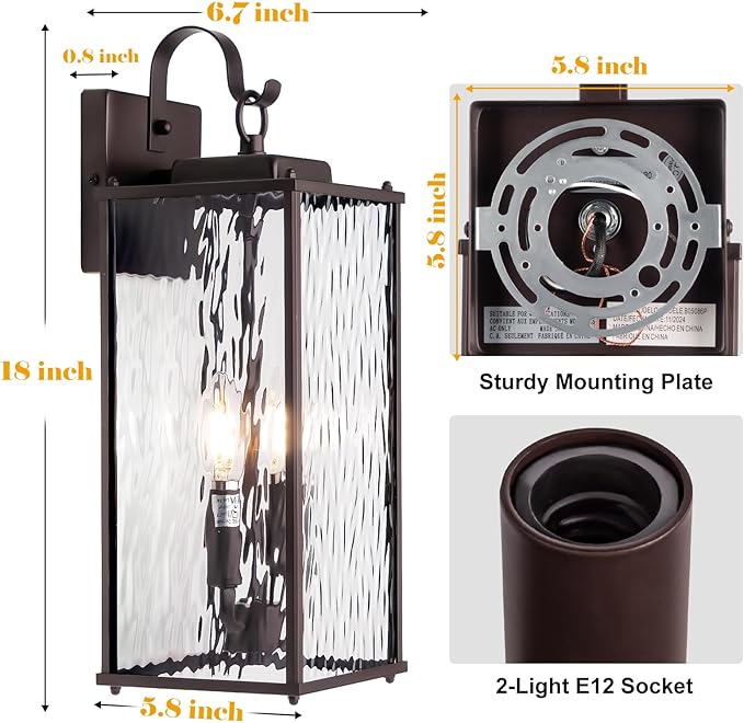 18” Large Oil Rubbed Bronze Outdoor Lighting 1 Pack, 2-Light Bulb Water Ripple Glass Exterior Light Fixture Brown Wall Sconce Outside Light for House IP65 Waterproof Front Porch Lantern, E12