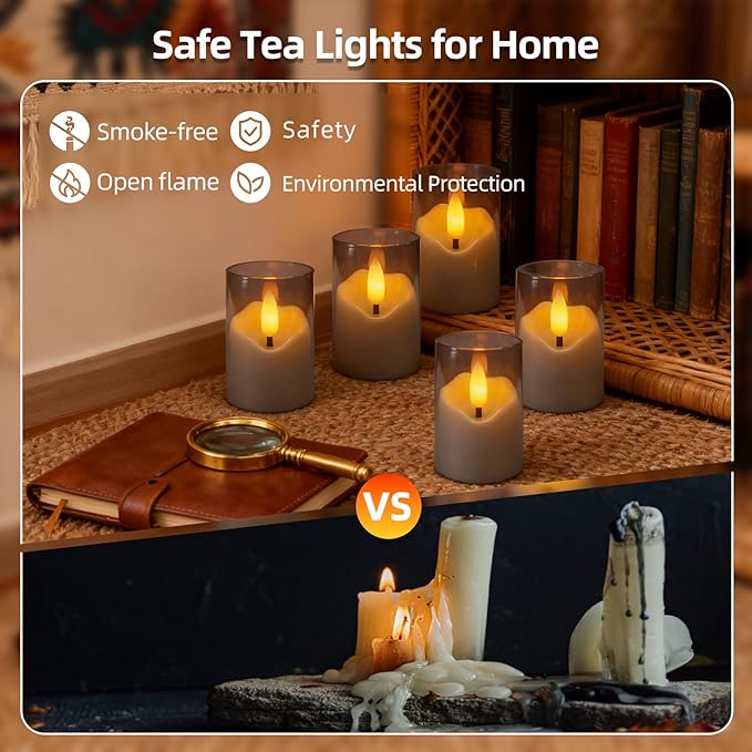Rechargeable Gray Acrylic Flameless Tea Light 1.7"x2.5" with Remote Control & Timer, Flickering Warm White LED Votive Candles for Home, Wedding, Holiday Decor (Pack of 6)