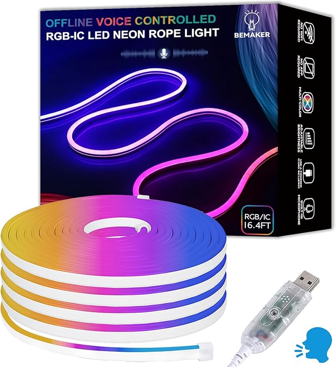 AI Smart Neon Lights RGB+IC,Voice Activated Multicolors Kids Room Light No App/No WiFi Required, Music Sync Dimmable Color Changing Light 16.4ft 25 Commands USB Powered for Bedroom Party