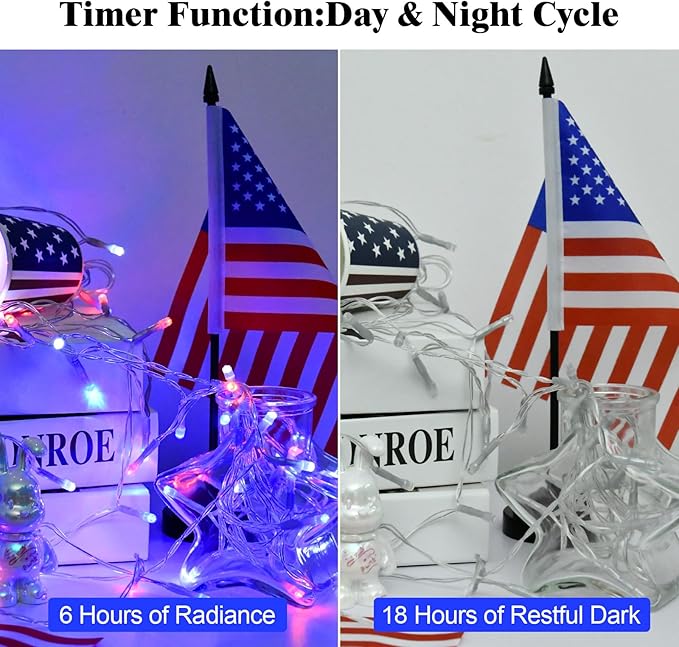 Red White and Blue Lights Battery Operated, 4th of July Lights with Timer Outdoor Waterproof 9.8ft 30 LED for 4th of July Independence Day Decorations Garland Party Garden 2 Packs