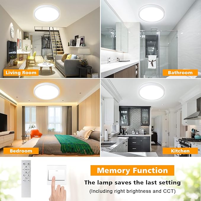 Unicozin Dimmable LED Flush Mount Ceiling Light with Remote Control, Wired 3000K-6000K Color Changing, 12Inch 24W(150W Equiv) 2200LM, Round Flat Ceiling Lamp White for Bedroom, Living Room, Kitchen