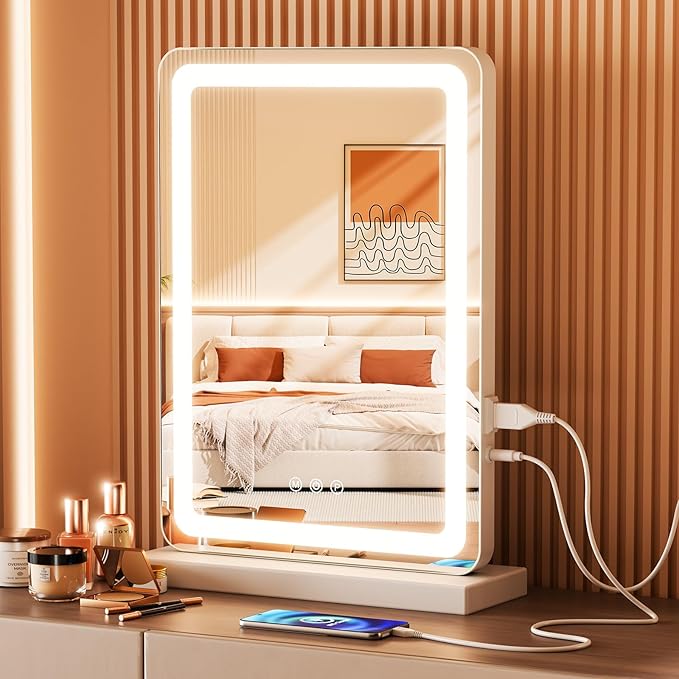 Sweetcrispy 17"x13" LED Vanity Mirror with Lights, Dimmable 3 Color Modes Makeup Mirror with Memory Function, USB Charging, Aluminum Frame, Lighted Mirror for Desk or Bedroom