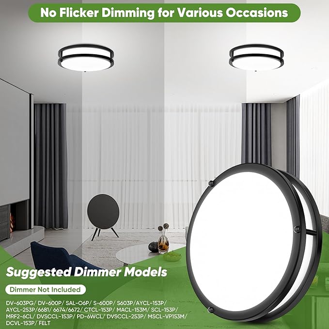 30W Flush Mount Ceiling Lights Black, 10inch LED Ceiling Light Fixtures 3600lm Super Bright, 2700K/3000K/4000K/5000K/6500K Adjustable Ceiling Lights, Dimmable Ceiling Lamps for Kitchen Bedroom, 2Pack