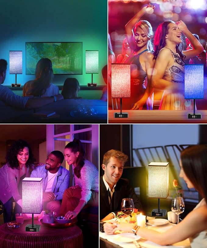 Bluetooth/WiFi RGB & USB Bedside Table Lamp with 3 USB Charging Ports 2 Outlets Power Strip, LED Light Bulb Dimmable, Music Sync Color Changing Light (RGB - Brown Shade)