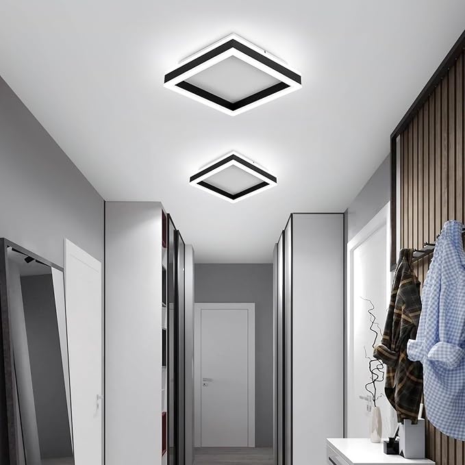 Square LED Hallway Ceiling Light, 6000K Cold White Black Modern Led Ceiling Light Fixture,Minimalist Flush Mount Ceiling Lamp for Hallway Entryway Bedroom Kitchen Laundry Room(9.5 in)