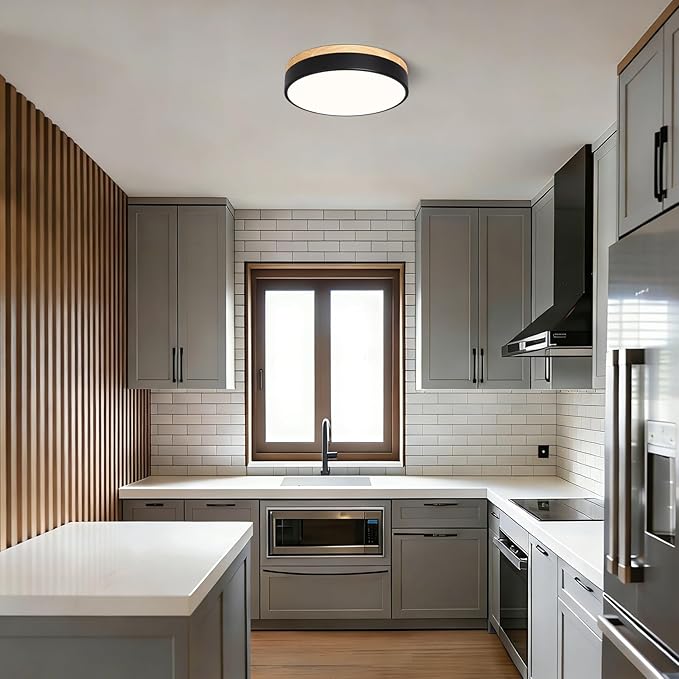 Modern Dimmable Wood Ceiling Light, Black Round LED Flush Mount Ceiling Lighting Fixtures, Minimalist Ceiling Lamp for Kitchen Bedroom Laundry Room Living Room Entryway Hallway&11.81 in