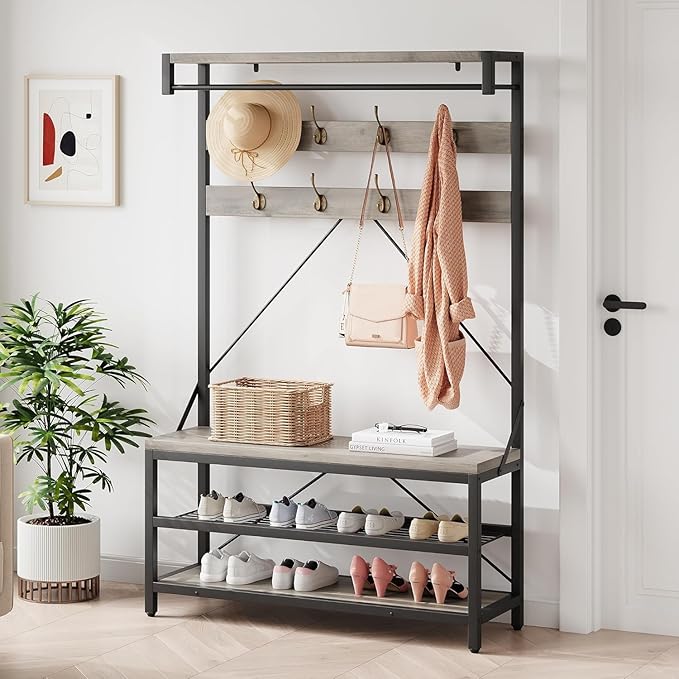 Garvee Industrial Hall Tree with Bench and Shoe Storage, Entryway Coat Rack with Shoe Rack, Mudroom Storage Hooks, Hanging Bar & Shelf, Wood Look Accent Entry Bench for Closet or Hallway, Gray