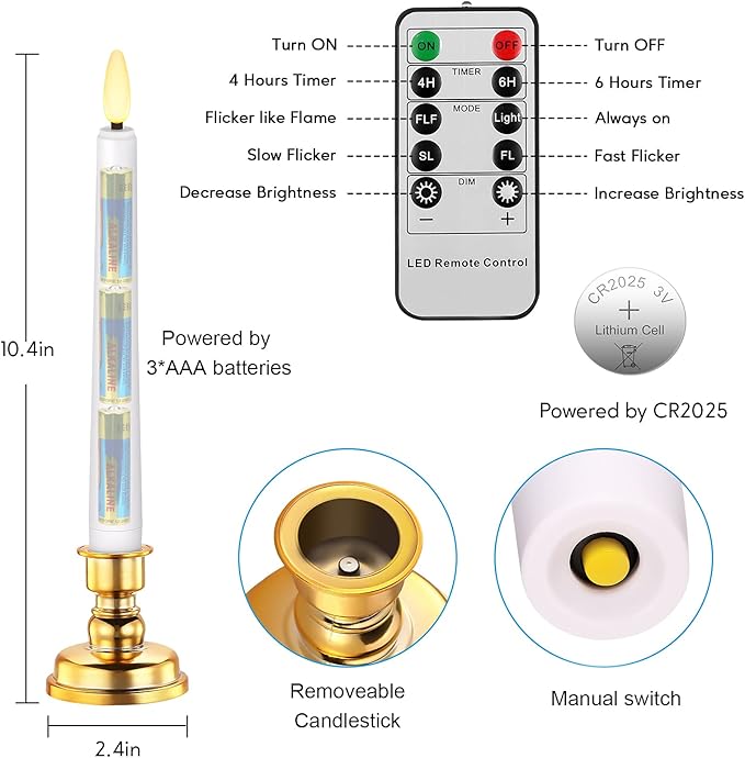 LED Christmas Window Candle with 2 Remotes Battery Operated Flameless Taper Candles Warm Light Flickering and Timer for Wedding Party Holiday Home Table Decoration (9 Packs,White+Gold Holder)…