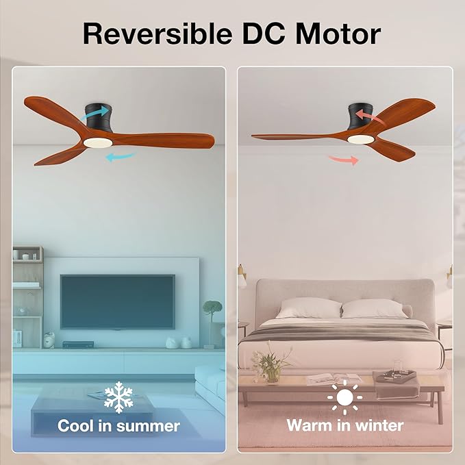 Smart 52” Wood Flush Mount Ceiling Fans with Lights Remote,Quiet DC Motor,Outdoor Indoor Low Profile Ceiling Fan,Voice Contorl with WIFI Alexa App Control,Modern fan for Bedroom Patio