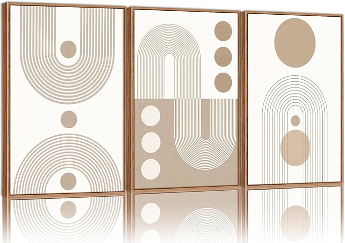 YeeHomedec Boho Beige Framed Canvas Wall Art, Mid Century Modern Wall Decor, Bohemian Abstract Minimalist Artwork, Neutral Geometric Line Art Painting for Living Room Bedroom Office 24"x36"x3