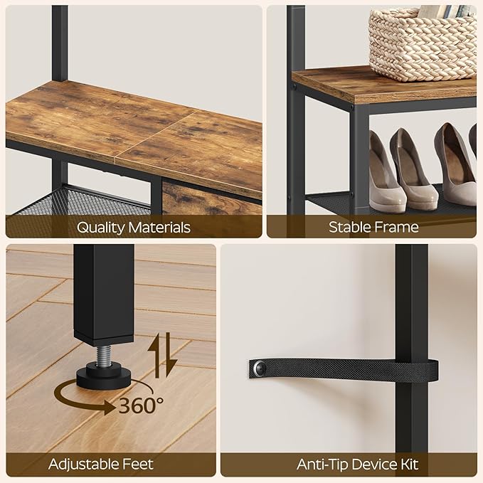 5-in-1 Hall Tree with Drawers, Entryway Bench with 8 Adjustable Coat Rack and Shoe Storage, Industrial Coat Rack with Bench for Entryway and Front Door, Rustic Brown and Black MT06BR