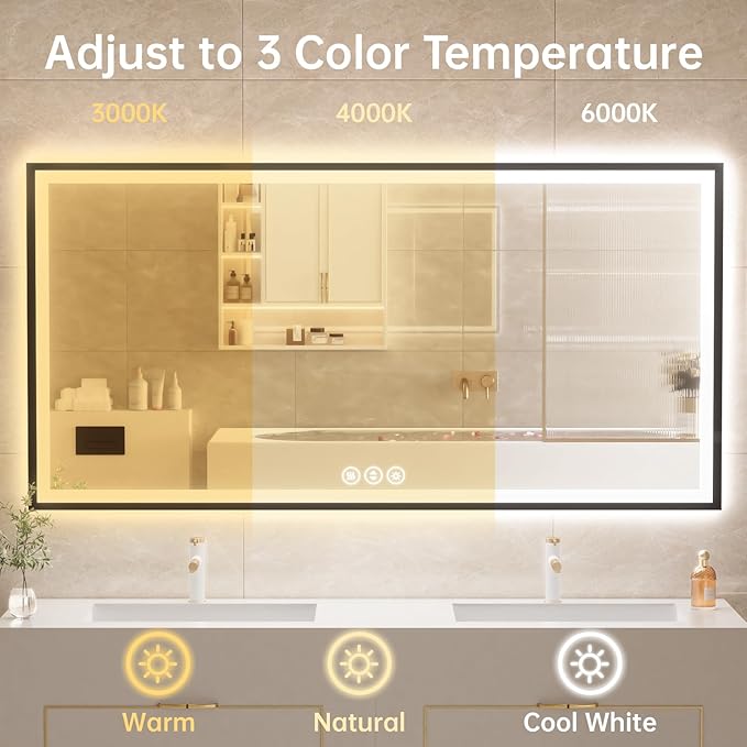 60x36 LED Bathroom Mirror with Lights, Black Aluminum Framed, Backlit + Front Lit, Lighted Bathroom Vanity Mirror for Wall, Anti-Fog, Memory Function, Dimmable, Shatterproof ETL Listed