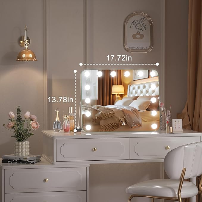 Hasipu Vanity Mirror with Lights, Hollywood 18" x 14" LED Makeup Mirror, 3 Modes Light, Smart Touch Control Dimmable, 360°Rotation, Rounded Rectangle White Frame