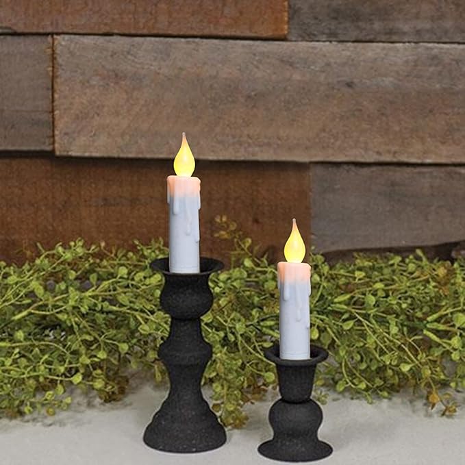 CVHOMEDECO. Flickering Taper Candles LED Drip Flameless Candles, Battery Operated with Timer, White, 4-3/4 Inch, Set of 2