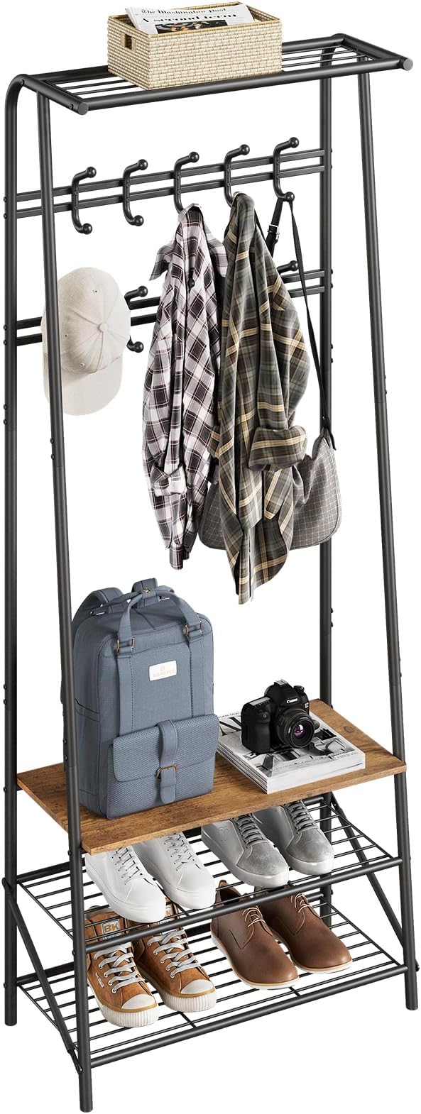 4-in-1 Hall Tree with Shoe Storage Bench & 10 Hooks – Freestanding Entryway Coat Rack, Double Row Hooks, Metal Frame, Rustic Brown Wood – Living Room, Bedroom, Foyer – 60cm Width