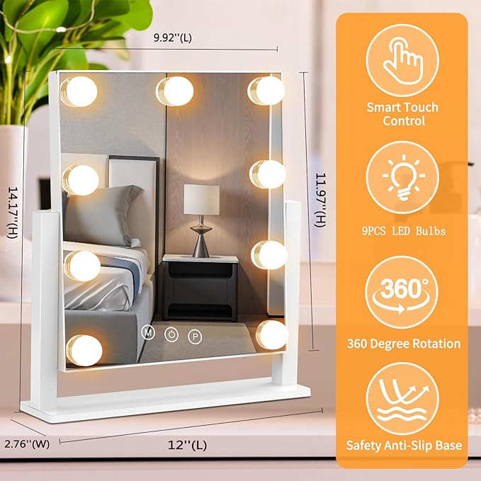 Vanity Mirror with Lights, Hollywood Lighted Makeup Mirror with 3 Color Lighting Modes and 9 Dimmable Bulbs, Detachable 5X Magnification, Smart Touch Control, 360°Rotation, White