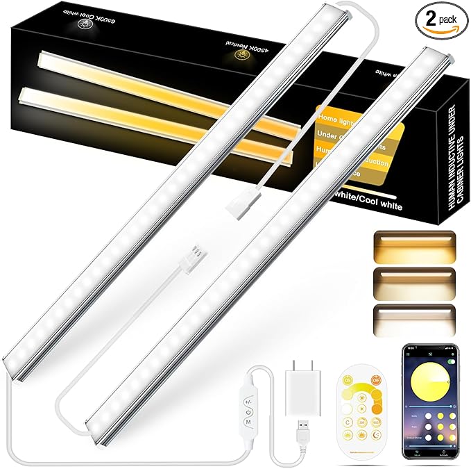 Daymeet 12 Inch Ultra Thin Dimmable Under Cabinet Lights Plug in, Under Cabinet Lighting, Multi-Color Super Bright LED Under Counter Lights Indoor Night Lights Bar for Kitchen, Shelf, Closet (2 Pack)