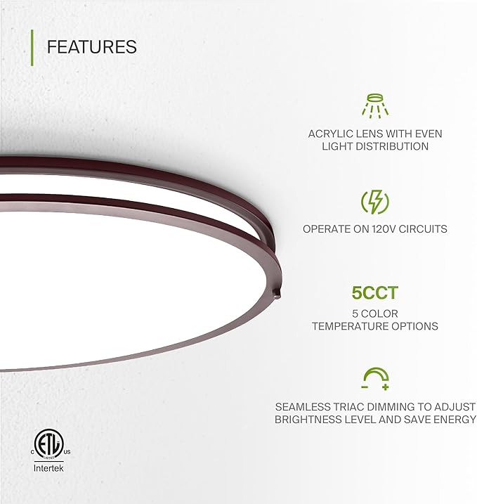 ASD LED 32" Oval Flush Mount Lighting, Close to Ceiling Light Fixture | 5CCT, Dimmable, ETL Listed | 50W 4195LM 2700-5000K 120V | Low Profile Double Ring Lamp | Dark Bronze, 2 Pack