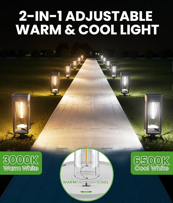 Solar Lights Outdoor, 2-in-1 Warm&Cool, 2 Pack Bright Solar Pathway Lights Waterproof IP65, Long Lasting Solar Path Light for Yard, Patio, Lawn, Garden, Landscape Decoration Lighting