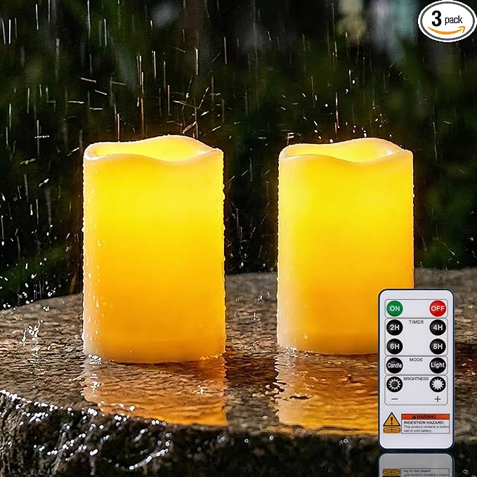 Homemory 3"x5" Flameless Candles, Outdoor Waterproof, Battery Operated LED Pillar Candles with Remote Control and Timer, Plastic, Long Lasting