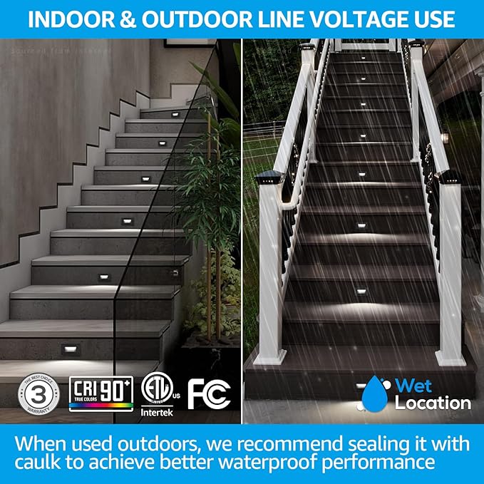 LEONLITE Black 5CCT 120V LED Step Lights, 3.5W 150LM 5%-100% Dimmable Horizontal Stair Lights Indoor Outdoor Wet Location, CRI90+ & ETL, 2700K/3000K/3500K/4000K/5000K, Aluminum, Pack of 6