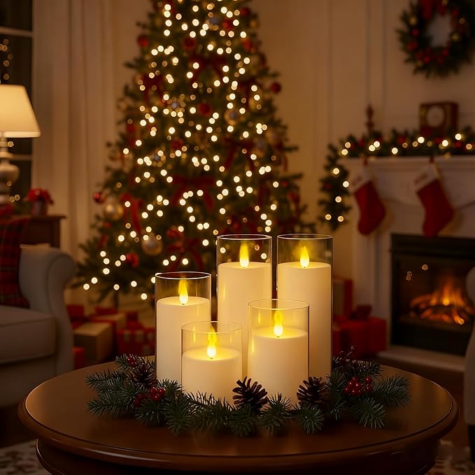 Homemory Ivory Flickering Flameless Candles, Battery Operated Acrylic LED Pillar Candles with Remote Control and Timer, Set of 9
