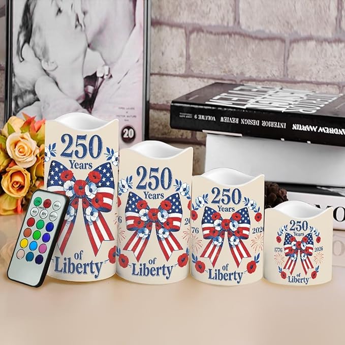 250 Years of Liberty Electric Flameless Candles Bow Flowers LED Battery Operated Remote 250th Anniversary Fourth of July Lamp Patriotic Decor for Home Patio Celebration Set of 4