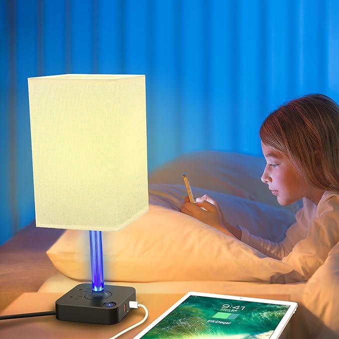 COZOO 3 Way Dimmable Touch Bedside Table Lamp with 2 USB Charging Ports 2 Outlets Power Strip,Black Charger Base White Fabric Shade,LED Desk Night Light for Bedroom/Nightstand/Living Room/College Dorm