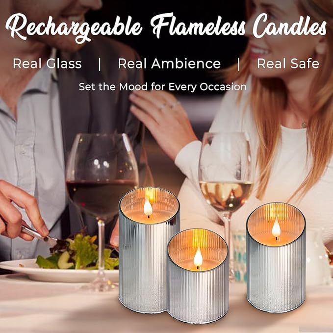 Rechargeable Flameless Candle, Flickering LED Pillar Glass Fake Candle with Remote and Timer, Built-in Battery Real Wax Electronic Candle for Room Decoration, Set of 3
