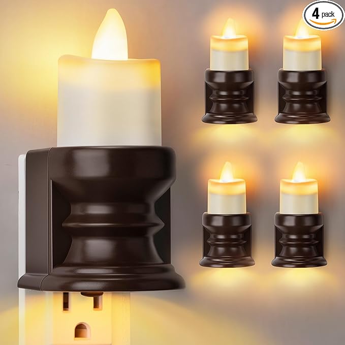 Meonum Flickering Flameless Candle Night Light Plug in, Dimmable LED Nightlight with Dusk to Dawn Sensor, Decorative Candle Light for Bedroom, Hallway, Bathroom(4 Pcs,Warm Yellow & Brown Base)