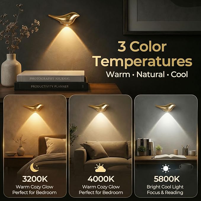 Golden Motion Sensor Night Light Indoor, Magnetic Wall Lamp, Rechargeable LED Bird Lamp, Wireless Stick On Light with Warm Soft Glow, Auto On/Off for Bedroom, Hallway, Stairs