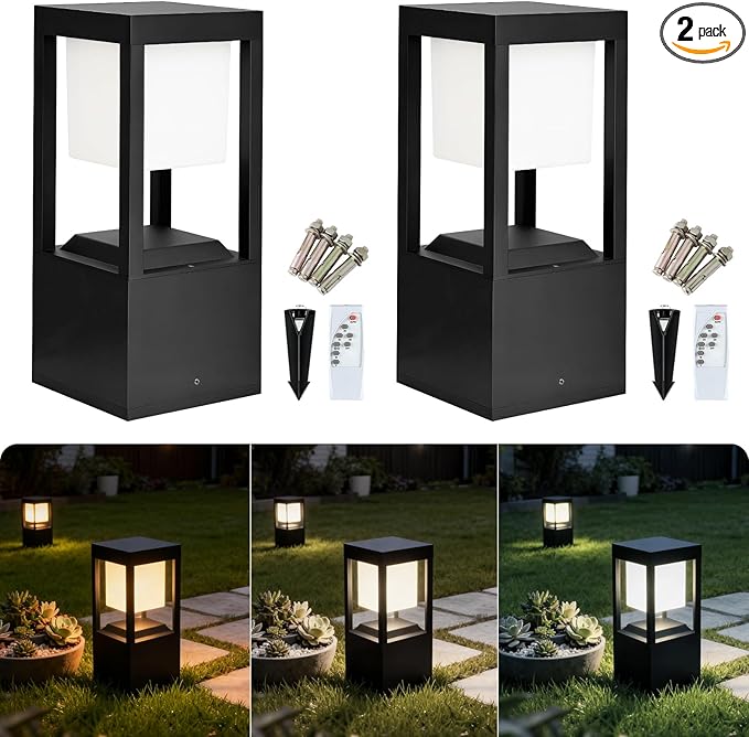Solar Floor Lamp Outdoor Waterpoorf, Modern Die-cast Aluminum Led Lanterns for Patio Porch, Bollard Landscape Lighting for Garden Yard Walkway, Remote Control, 3CCT, Dusk to Dawn (2 Pack)