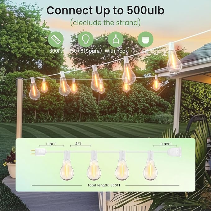 String Lights for Outside 300FT(3x100FT) Outdoor Lights with 150+6(Spare) Edison Shatterproof Bulbs, Patio Light Connectable for Backyard, Bistro,Porch,White Cord String Light Waterproof