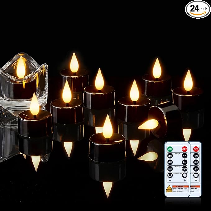 Amagic Flameless Black Timer Remote Tealights Candles, 3D Black Wick Flickering Tea Lights, 300+Hour Colored Votive Candles Battery Operated, Set of 24 for Table Decorations, Pumpkin, Halloween, Party