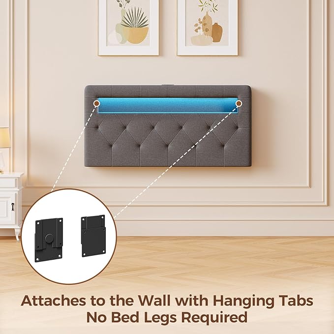 GREENSTELL Headboard for Twin Size Bed with 60,000 DIY Color of LED Light, USB & Type C Post, Upholstered, Height Adjustable, Sturdy, Easy Assembly, Wall Mounted Head Boards Only, Gray