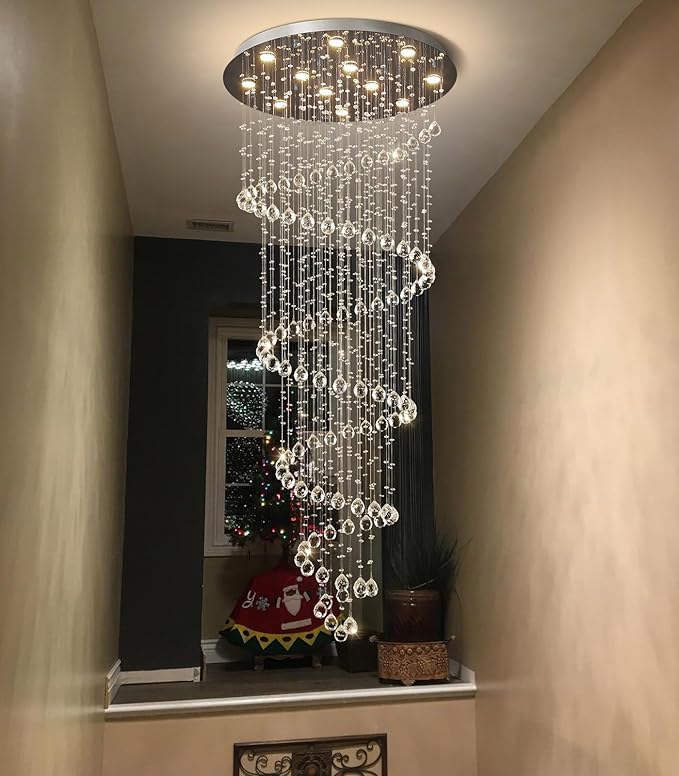 LED High Ceiling Chandelier Crystal Chandeliers Light Fixtures with Dimmable Light Bulbs Gold Living Room Foyer Chandelier Modern Pendants Lights for Entryway Staircase Silver